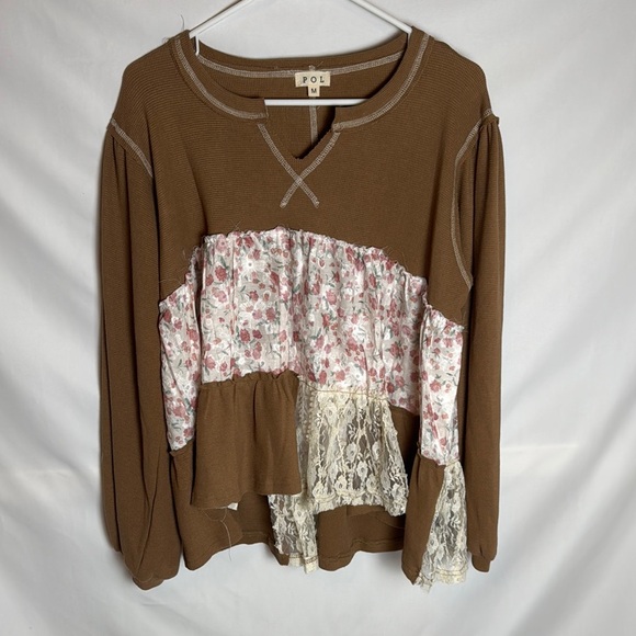 POL Women's Brown Floral Patchwork Top NWOT - Picture 1 of 12